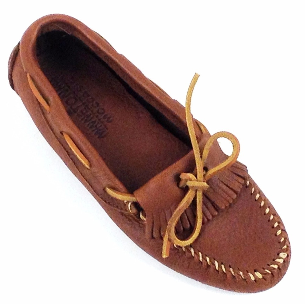 Minnetonka Tan Leather Moccasins with Fringe and Bow